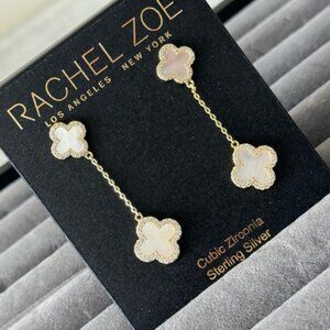 Rachel Zoe Sterling Silver 925 Gold Plated Earrings CZ Pearl Clover